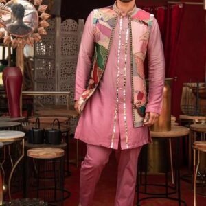 Purple And Multicolour Mirror Work Kurta Set For Men