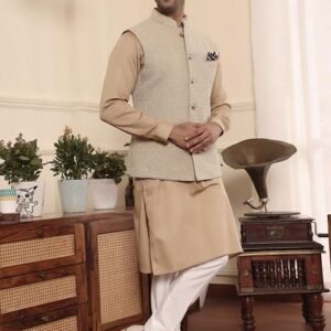 Beige Gold Nehru Jacket And Kurta Set For Men