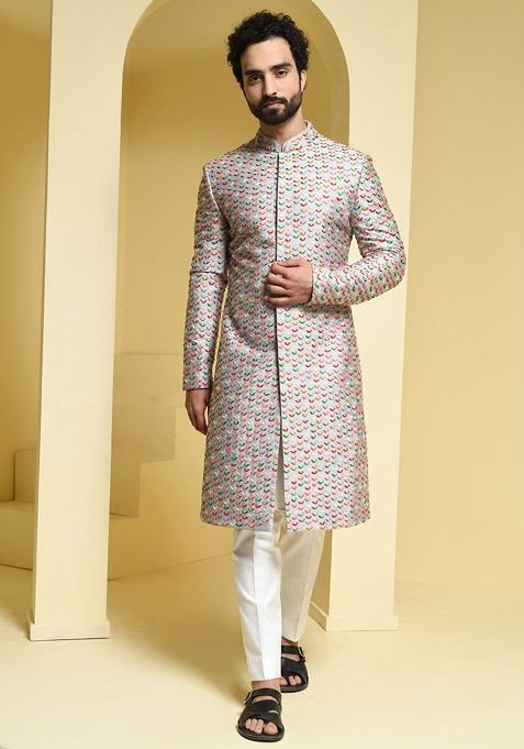 Silver Thread Embroidered Sherwani Set For Men