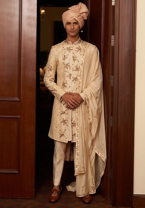 Cream Embroidered Petal Sherwani Set For Men