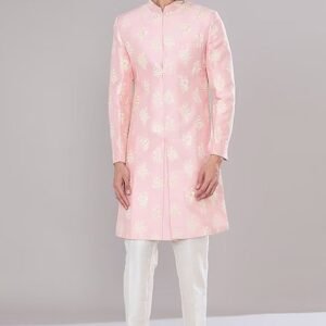 Pink Embroidered Terry Silk Achkan Set For Men