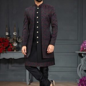 Black Embroidered Silk Indo Western Jacket And Kurta Set For Men