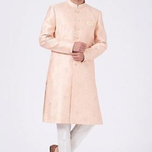 Salmon Pink Sequin Thread Embroidered Achkan Set For Men