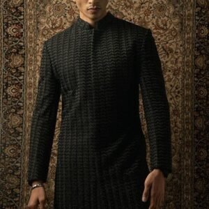 Black Embroidered Silk Sherwani Set For Men