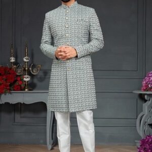 Dusty Green Embroidered Jacquard Indo Western Sherwani Set For Men
