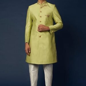 Parrot Green Zari Embroidered Achkan Set For Men