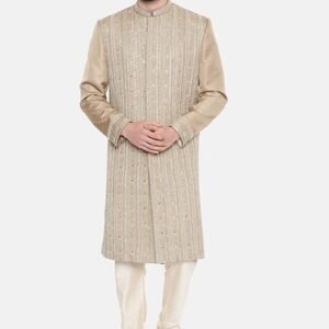 Beige Hand Embroidered Silk Sherwani Set For Men
