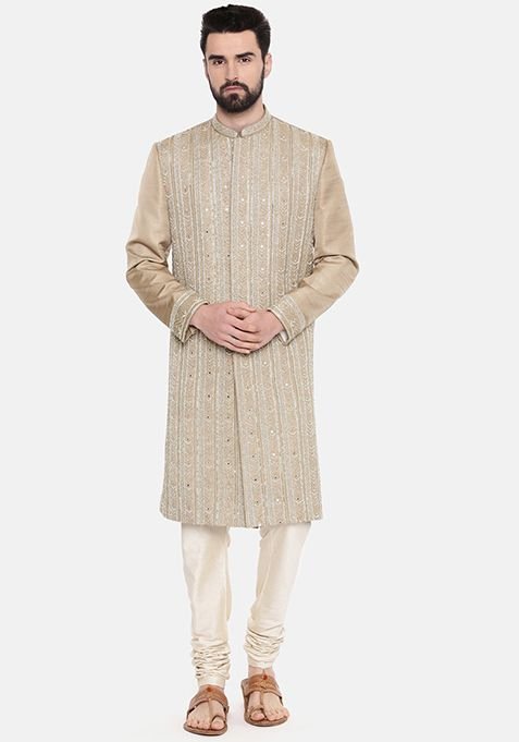 Beige Hand Embroidered Silk Sherwani Set For Men