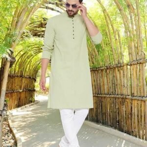 Green Solid Linen Kurta For Men