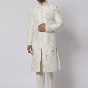 Ivory Pearl Embroidered Raw Silk Sherwani Set For Men