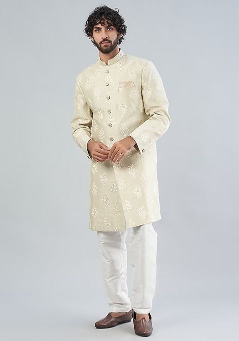 Sage Green Embroidered Achkan Set For Men