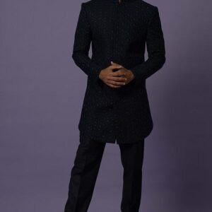 Blue Embroidered Premium Suiting Fabric Achkan Set For Men