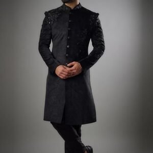Black Hand Embroidered Indowestern Sherwani Set For Men