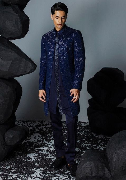 Blue Embroidered Open Sherwani Set For Men