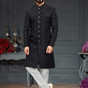 Black Embroidered Jacquard Indo Western Sherwani Set For Men