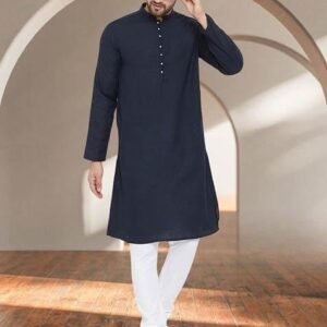 Blue Solid Cotton Kurta For Men