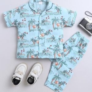 Blue Printed Cotton Shirt Pant Set For Boys