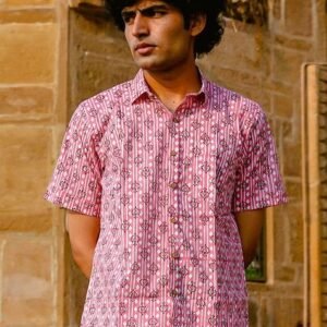 Pink Argyle Handblock Cotton Shirt For Men