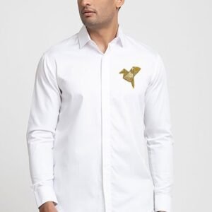 White Origami Bird Embroidered Shirt For Men