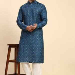 Blue Digital Printed Rado Cotton Kurta For Men