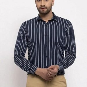 Navy Blue Printed Cotton Shirt For Men