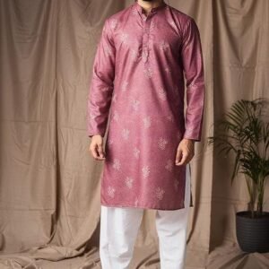Mauve Printed Linen Kurta For Men