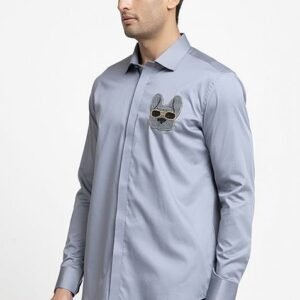 Grey Puppy Face Embroidered Shirt For Men