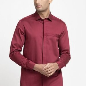 Red Pintuck Embroidered Giza Cotton Shirt For Men