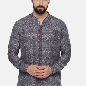 Blue Printed Linen Bemberg Shirt For Men