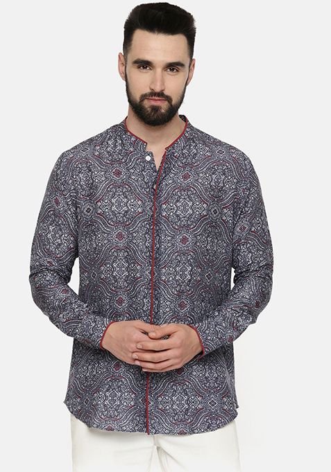 Blue Printed Linen Bemberg Shirt For Men