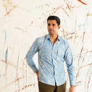 Blue Printed Cotton Shirt For Men