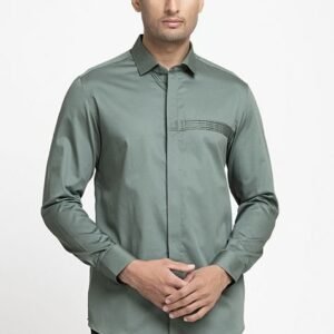 Olive Pintuck Embroidered Giza Cotton Shirt For Men