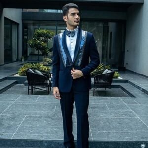 Blue Embroidered Corduroy Tuxedo For Men