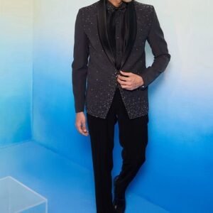 Charcoal Grey Embroidered Neptune Tuxedo Set For Men