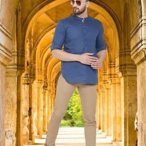 Blue Solid Linen Kurta For Men