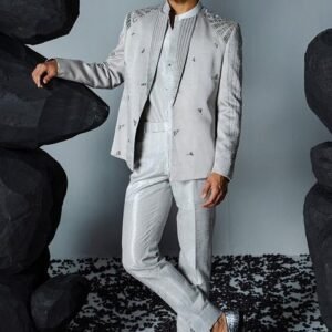Grey Embroidered Linen Silk Jacket Set For Men