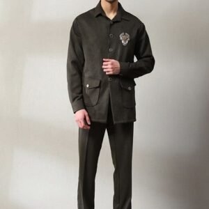 Dark Olive Green Velvet Blazer Set For Men