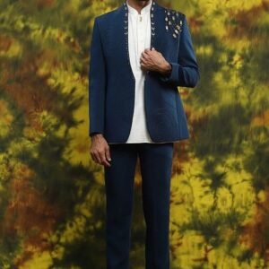 Midnight Blue Embroidered Italian Crepe Tuxedo For Men