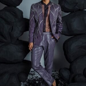Deep Purple Embellished Jacket Set For Men