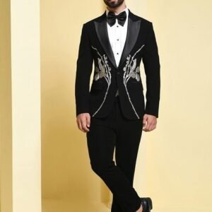 Black Floral Embroidered Tuxedo Set For Men