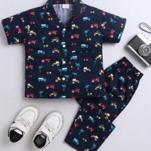 Navy Blue Printed Rayon Shirt Pant Set For Boys