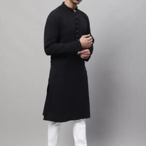Black Solid Cotton Kurta For Men