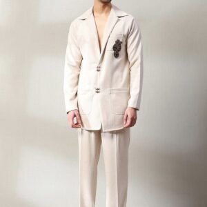 Ivory Embroidered Suede Velvet Blazer Set For Men