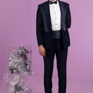 Navy Blue Hand Embroidered Cosmic Tuxedo Set For Men