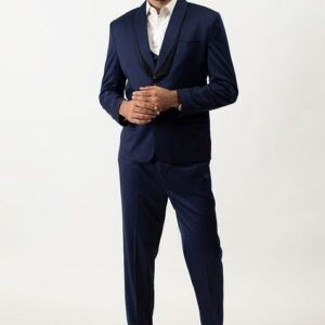 Blue Satin Lapel Three Piece Suit Set For Men