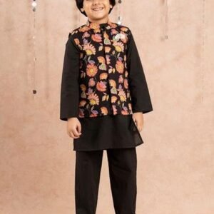 Black Printed Jacket With Kurta And Pajama (Set of 3)