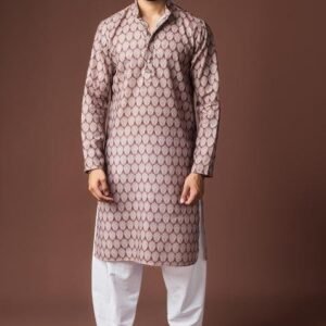 Mauvish Brown Printed Linen Kurta For Men