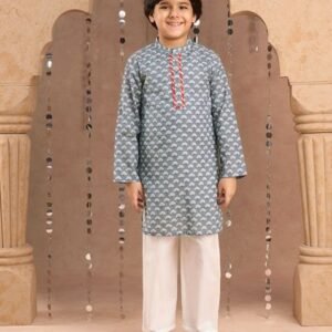 Grey Jaipuri Print Kurta With Pajama (Set of 2)