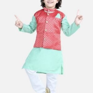 Green Foil Print Jacket With Kurta And Pyjama (Set of 3)