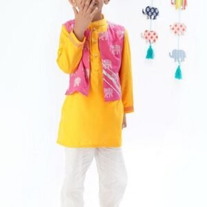 Yellow Block Print Embroidered Jacket With Kurta And Pants (Set of 3)